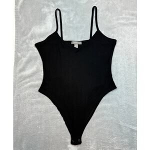 Primark Black Ribbed Bodysuit Size Medium 8/10 V Neck Spaghetti Strap Stretch